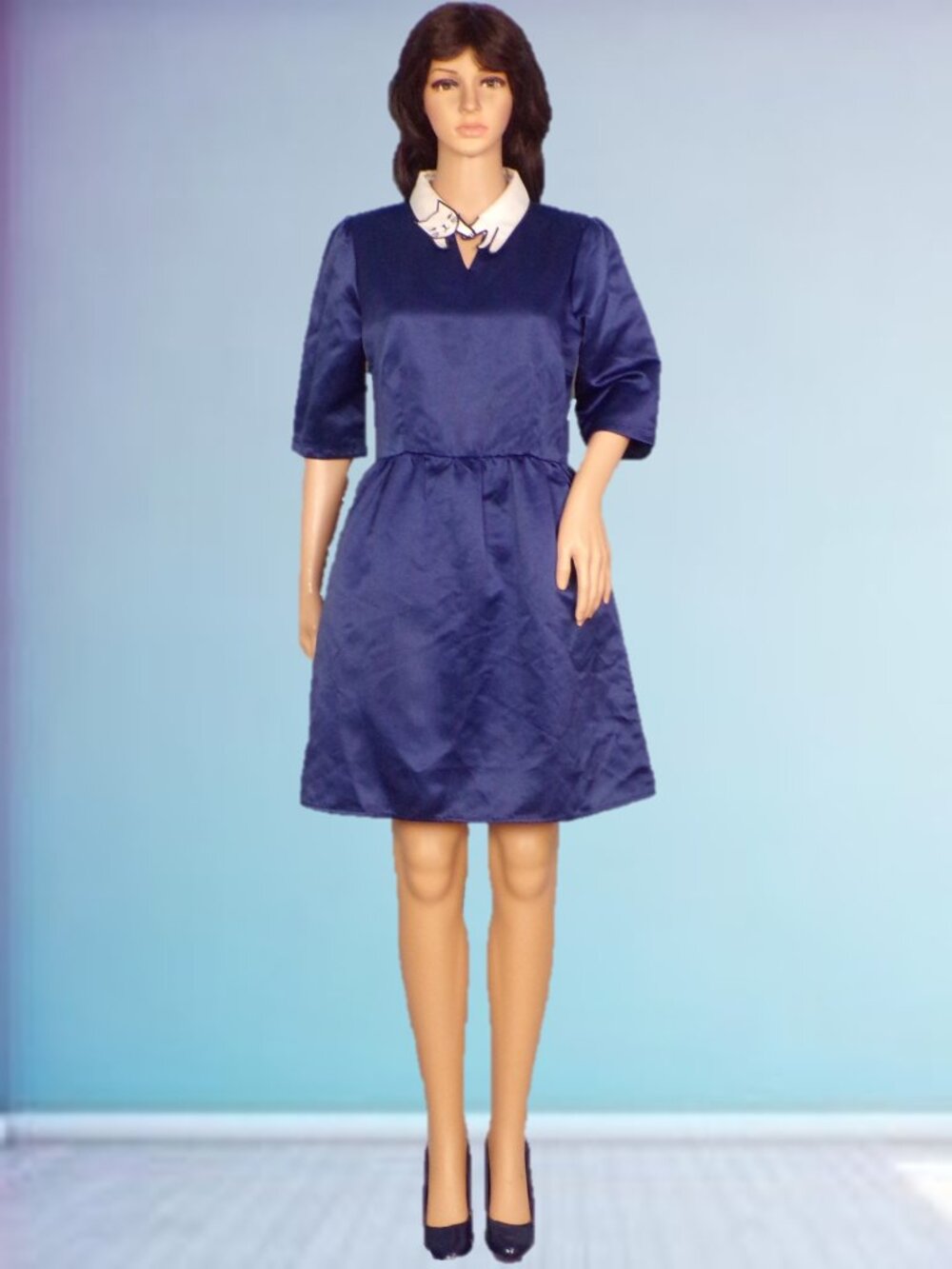 AMERASIAN APPAREL size L jrs. royal-blue satin fit/flare dress white cat collar
